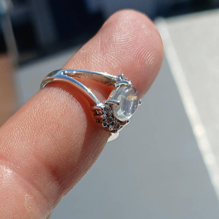 Natural Moonstone Ring, Gemstone Ring, Sterling Silver Ring, Solitaire Ring, oval Ceylon Moonstone, 6 CZ, moonstone jewelry, gift, Size 6.5-4