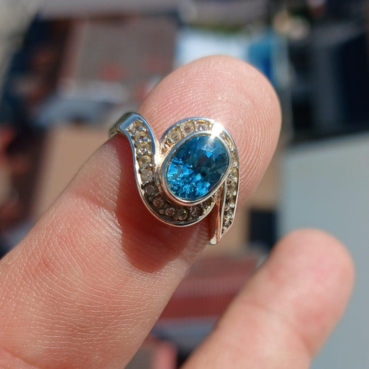 Blue Zircon Ring, Natural Gemstone Ring, Sterling Silver Ring, Cocktail Ring, oval Cut Blue Zircon, 22 white CZ, gift for her - Size 5.5-0