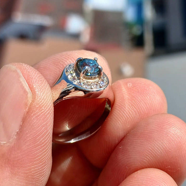 Blue Zircon Ring, Natural blue Zircon Ring, Sterling Silver Ring, Cocktail Ring, oval Cut Blue Zircon, 13 white CZ, gift for her - Size 5.5-2