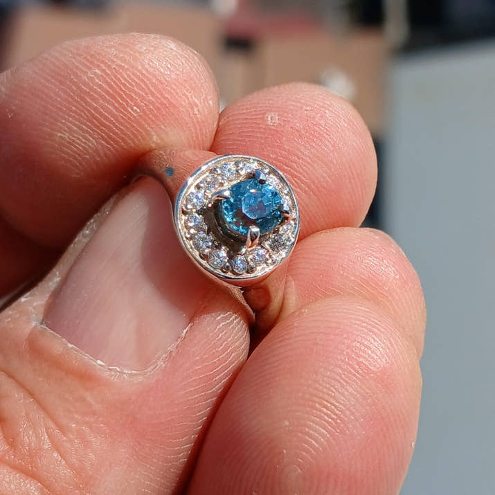 Blue Zircon Ring, Natural blue Zircon Ring, Sterling Silver Ring, Cocktail Ring, oval Cut Blue Zircon, 13 white CZ, gift for her - Size 5.5-3