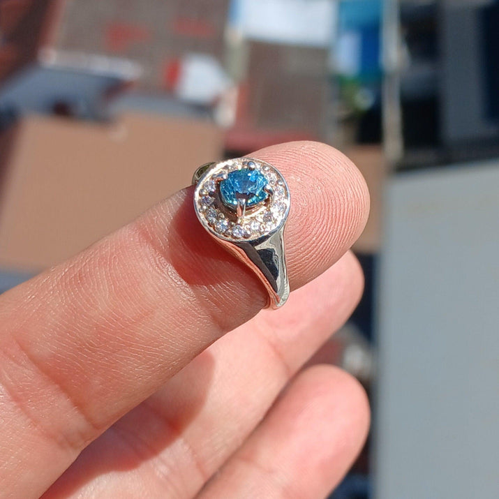 Blue Zircon Ring, Natural blue Zircon Ring, Sterling Silver Ring, Cocktail Ring, oval Cut Blue Zircon, 13 white CZ, gift for her - Size 5.5-4