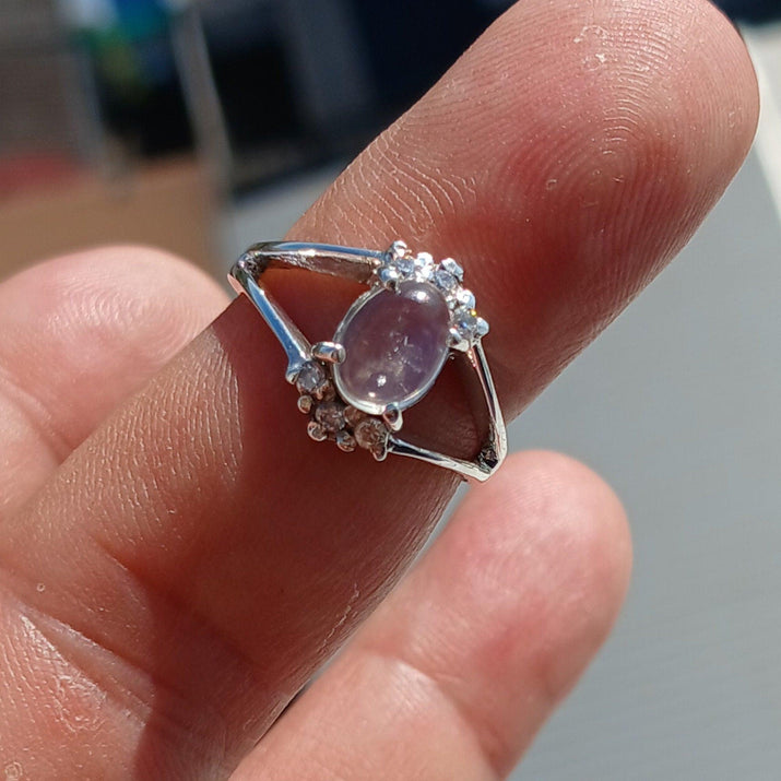 Natural Moonstone Ring, Gemstone Ring, Sterling Silver Ring, Solitaire Ring, oval Ceylon Moonstone, 6 CZ, moonstone jewelry, gift, Size 6.5-2