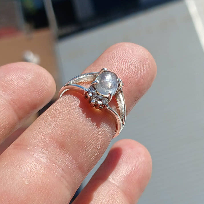 Natural Moonstone Ring, Gemstone Ring, Sterling Silver Ring, Solitaire Ring, oval Ceylon Moonstone, 6 CZ, moonstone jewelry, gift, Size 6.5-3