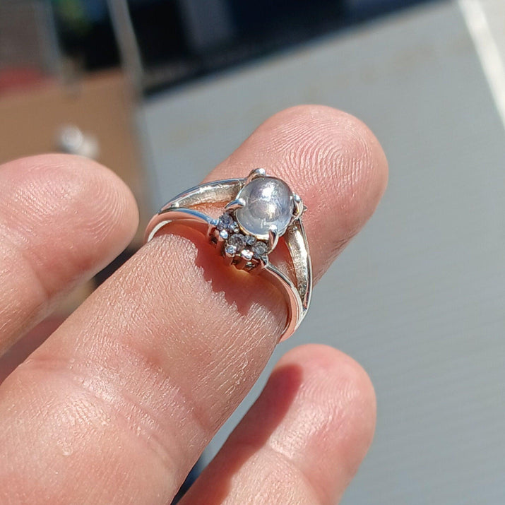 Natural Moonstone Ring, Gemstone Ring, Sterling Silver Ring, Solitaire Ring, oval Ceylon Moonstone, 6 CZ, moonstone jewelry, gift, Size 6.5-3