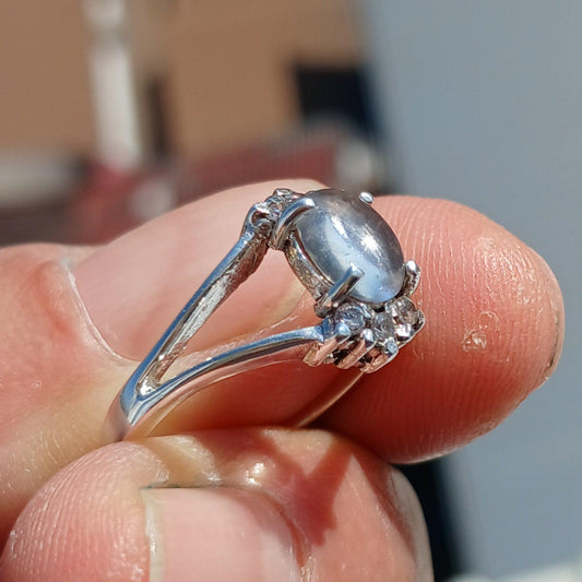 Natural Moonstone Ring, Gemstone Ring, Sterling Silver Ring, Solitaire Ring, oval Ceylon Moonstone, 6 CZ, moonstone jewelry, gift, Size 6.5-0
