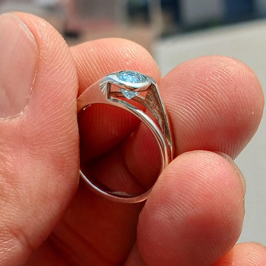 Natural Blue Zircon Ring, Sterling Silver Ring, Blue Gemstone Ring, Solitaire Ring, Oval Natural Blue Zircon, Gift for Her, Unique Design - Size 5.5-0