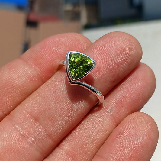 Peridot Ring, Sterling Silver Ring, Solitaire Ring, Trillion Cut, Green Peridot, Triangle shape, handmade silver ring, gift for her - size 9-0