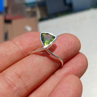 Peridot Ring, Sterling Silver Ring, Solitaire Ring, Trillion Cut, Green Peridot, Triangle shape, unique silver ring, gift for her - size 9.5-3