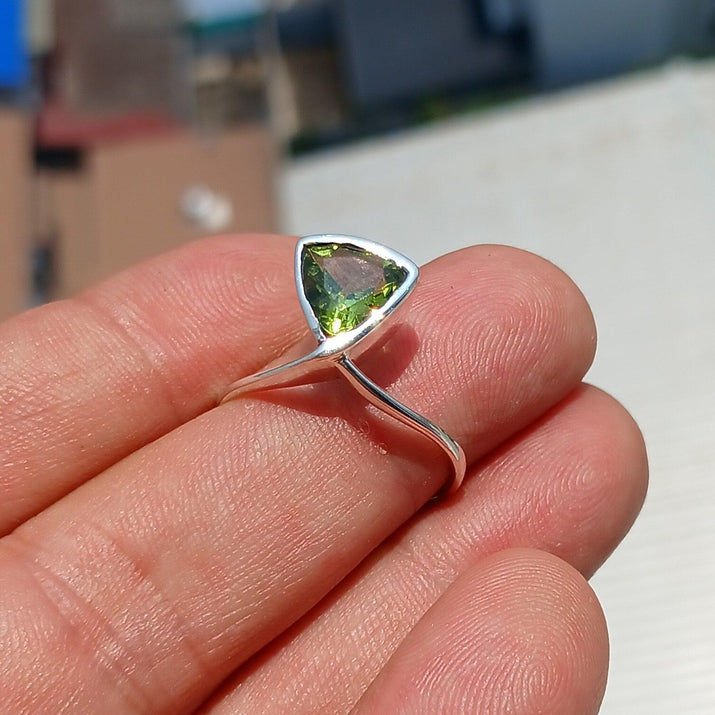 Peridot Ring, Sterling Silver Ring, Solitaire Ring, Trillion Cut, Green Peridot, Triangle shape, unique silver ring, gift for her - size 9.5-3