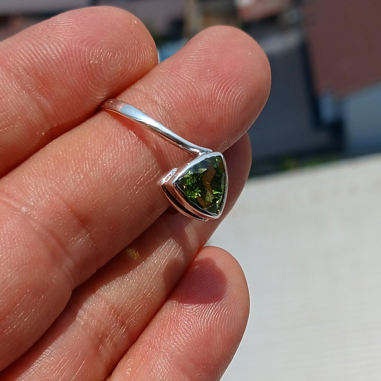 Peridot Ring, Sterling Silver Ring, Solitaire Ring, Trillion Cut, Green Peridot, Triangle shape, handmade silver ring, gift for her - size 9-2