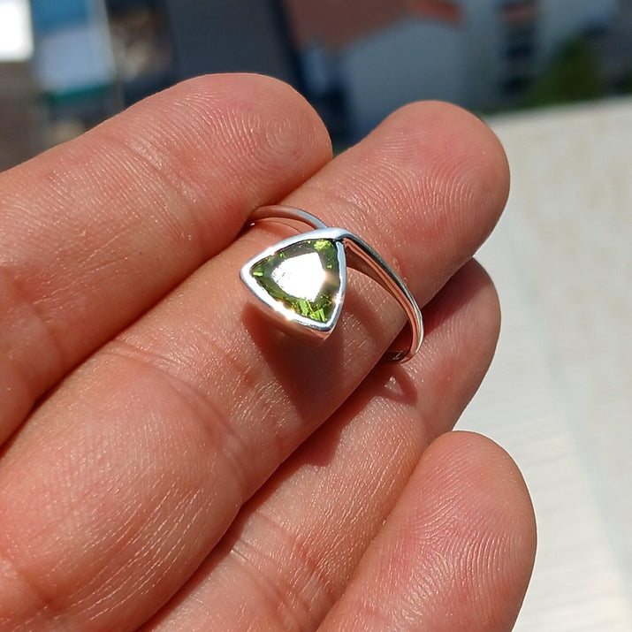 Peridot Ring, Sterling Silver Ring, Solitaire Ring, Trillion Cut, Green Peridot, Triangle shape, unique silver ring, gift for her - size 9.5-1