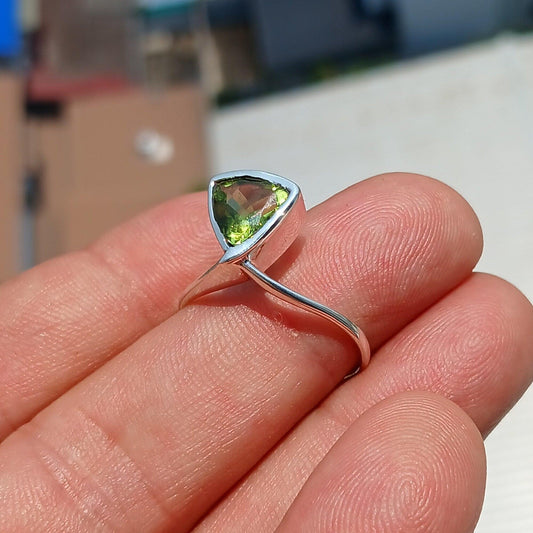 Peridot Ring, Sterling Silver Ring, Solitaire Ring, Trillion Cut, Green Peridot, Triangle shape, unique silver ring, gift for her - size 9.5-0