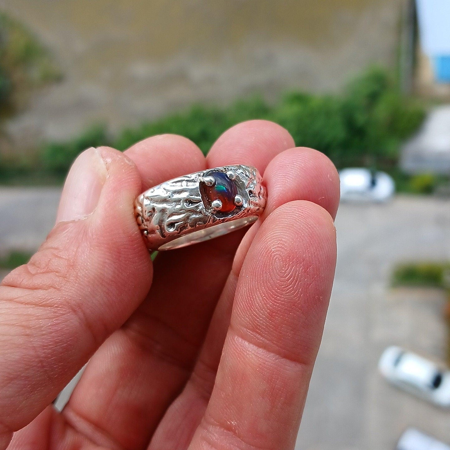 Opal Ring, Opal Silver Ring, Sterling Silver Solitaire Ring, Natural Multi color Opal, Handmade Opal ring, Floating Silver Design,  Size 8-0
