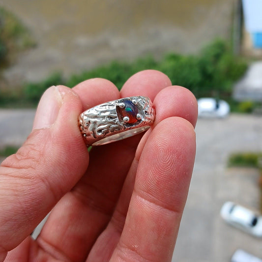 Opal Ring, Opal Silver Ring, Sterling Silver Solitaire Ring, Natural Multi color Opal, Handmade Opal ring, Floating Silver Design,  Size 8-0
