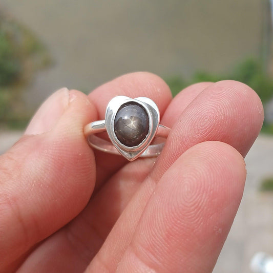 Black Star Sapphire Ring, Sterling Silver Ring, Heart shaped Ring, Black Sapphire Ring, Gift, Unique Design, Star Sapphire Ring - size 7-0