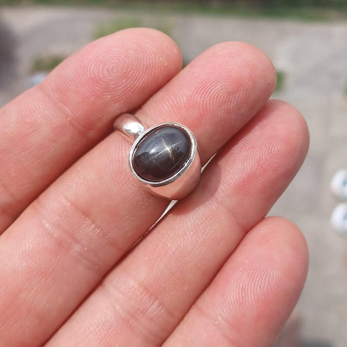 Diopside Men's Ring, Men's Sterling Silver Ring, 4 Rays black Star Diopside, handmade silver ring, unique design, oval stone ring - Size 7-3