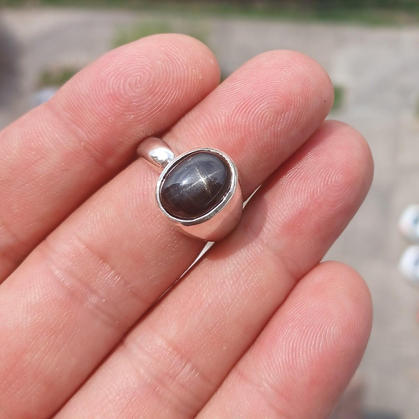 Diopside Men's Ring, Men's Sterling Silver Ring, 4 Rays black Star Diopside, handmade silver ring, unique design, oval stone ring - Size 7-3