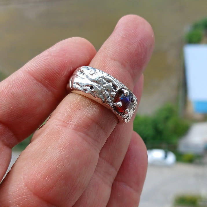 Opal Ring, Opal Silver Ring, Sterling Silver Solitaire Ring, Natural Multi color Opal, Handmade Opal ring, Floating Silver Design,  Size 8-2