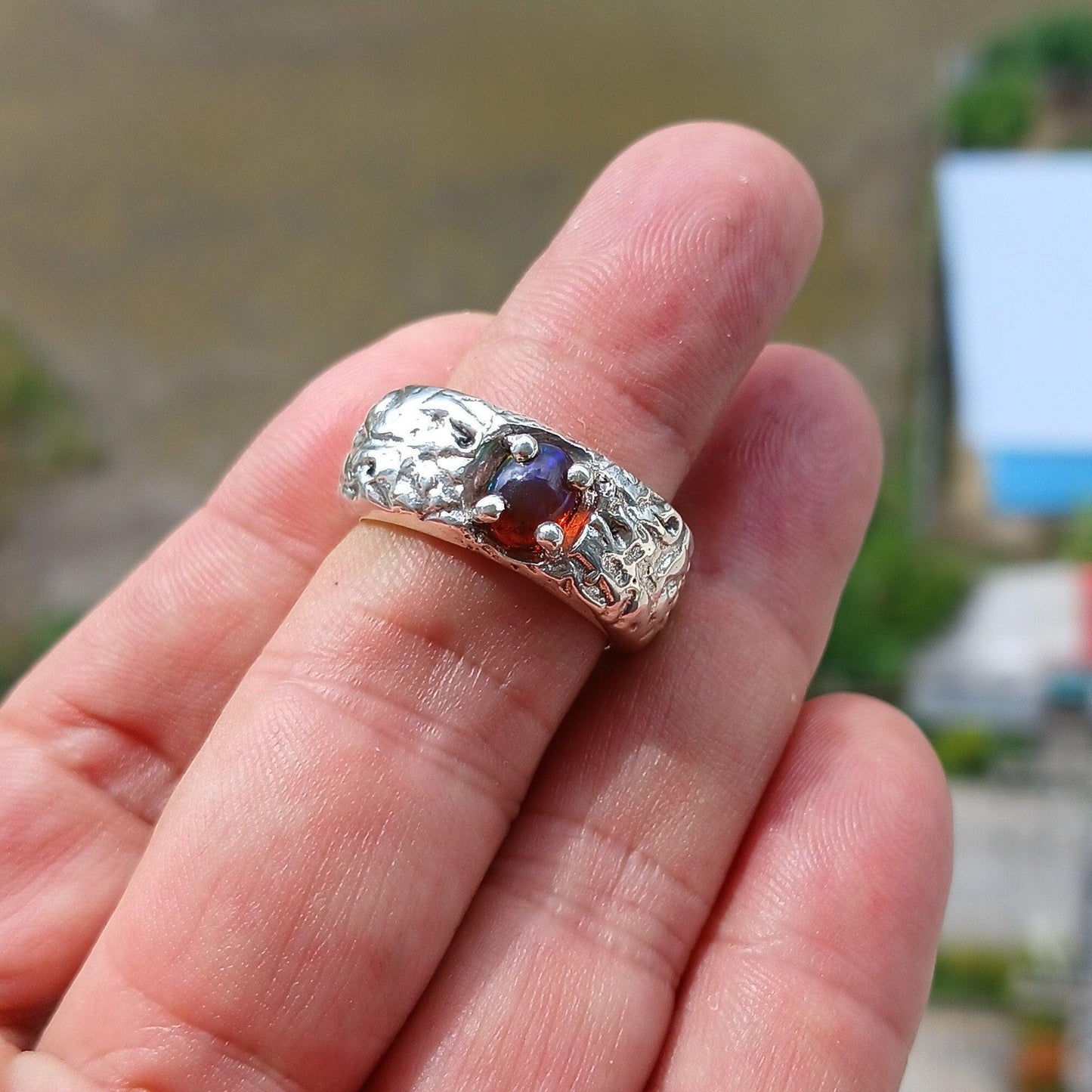 Opal Ring, Opal Silver Ring, Sterling Silver Solitaire Ring, Natural Multi color Opal, Handmade Opal ring, Floating Silver Design,  Size 8-3