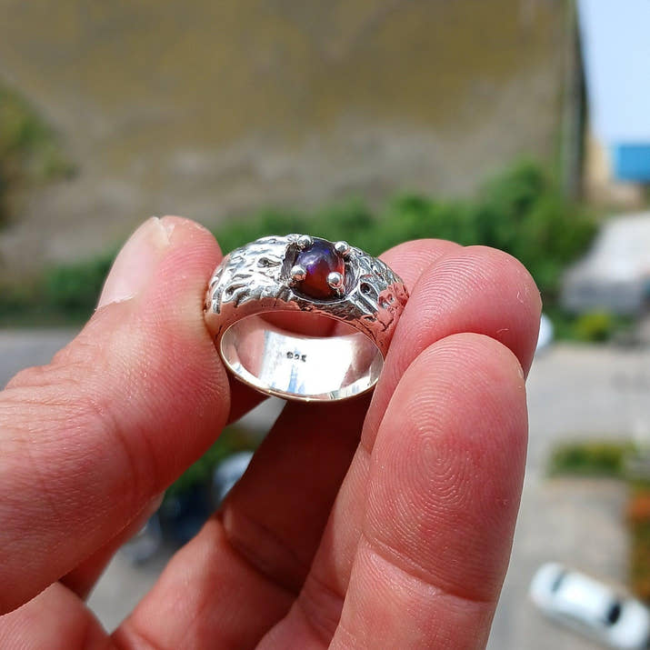 Opal Ring, Opal Silver Ring, Sterling Silver Solitaire Ring, Natural Multi color Opal, Handmade Opal ring, Floating Silver Design,  Size 8-4